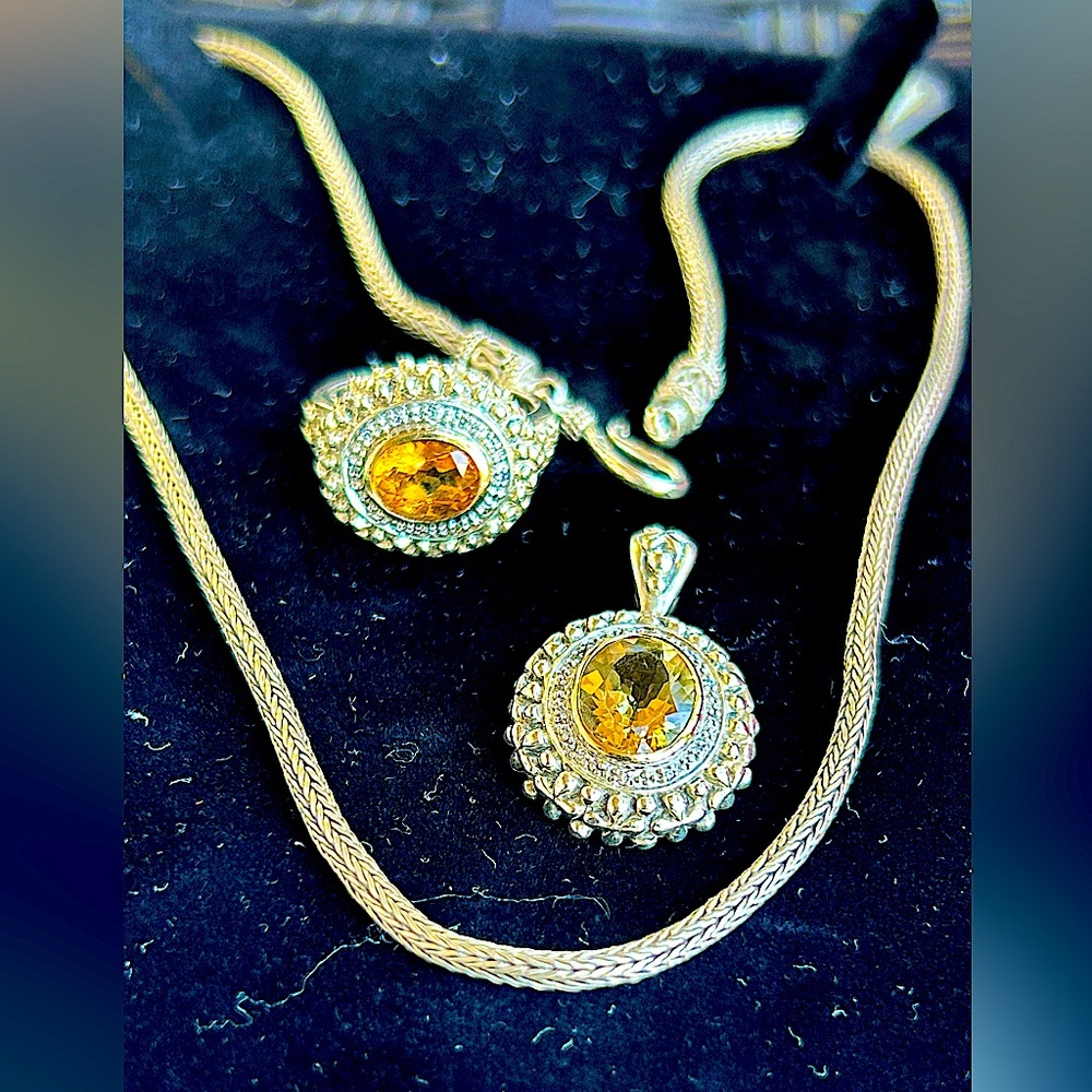 Vintage Samuel B.(Benham)Necklace & Ring Citrine&Diamonds set in 925 & 14K Gold - Picture 7 of 17